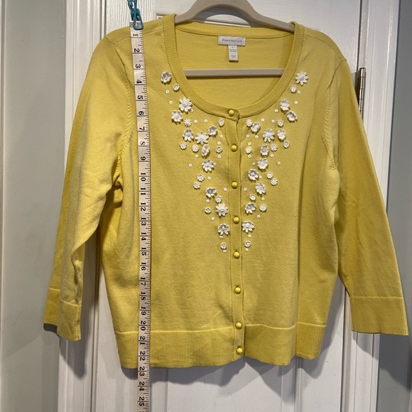 Charter Club Size L Yellow White Daisy Embellished Button Front Cardigan - Picture 10 of 12